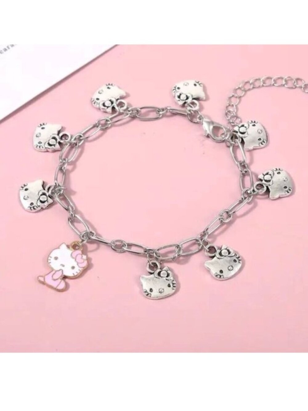 Hello Kitty Charm Bracelet Sanrio Enamel Silver Emo Rave Trendy Stylish Chain